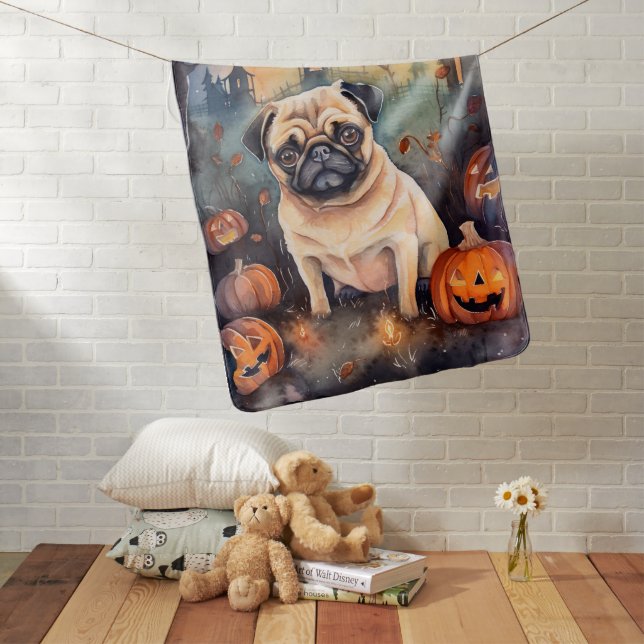 Halloween Pug With Pumpkins Scary Baby Blanket (In Situ)