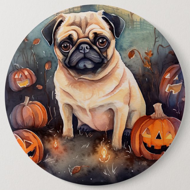 Halloween Pug With Pumpkins Scary  Button (Front)
