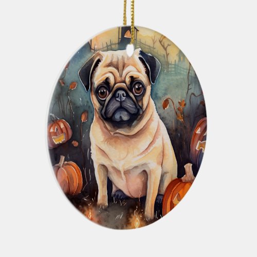 Halloween Pug With Pumpkins Scary Ceramic Ornament