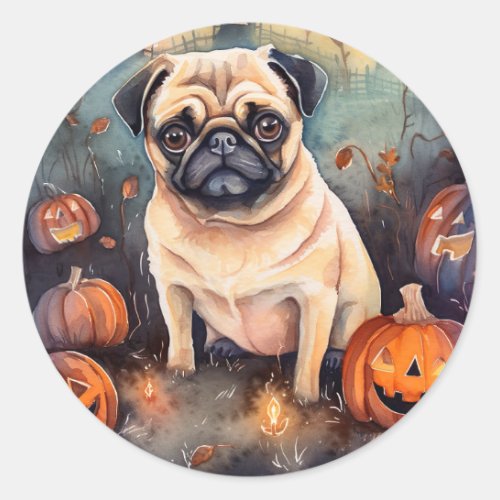 Halloween Pug With Pumpkins Scary Classic Round Sticker