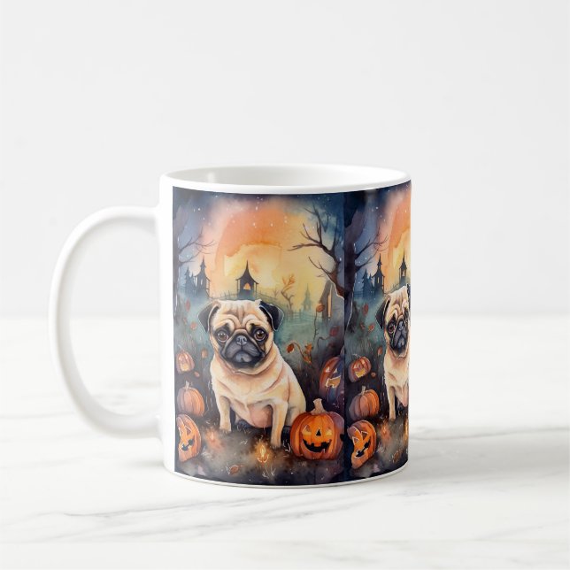 Halloween Pug With Pumpkins Scary Coffee Mug (Left)