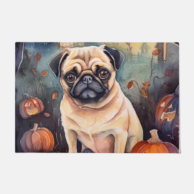 Halloween Pug With Pumpkins Scary  Doormat (Front)
