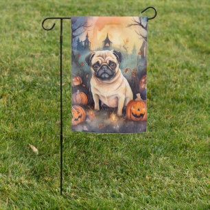 Halloween Pug With Pumpkins Scary Garden Flag