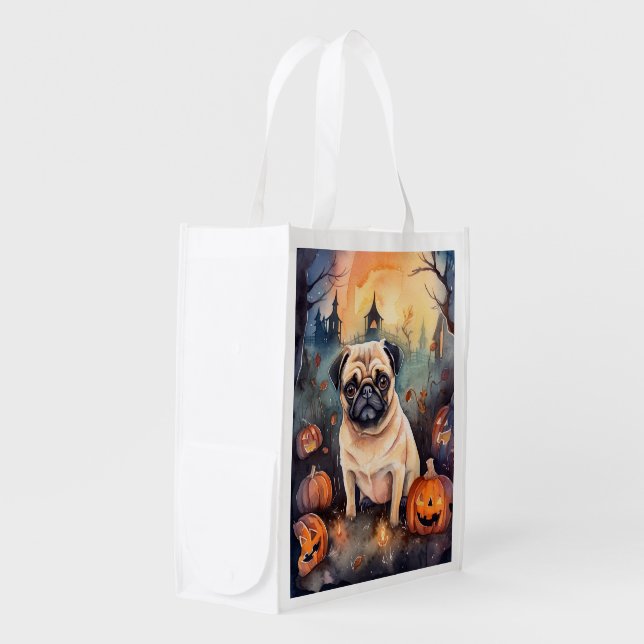 Halloween Pug With Pumpkins Scary Grocery Bag (Front Side)