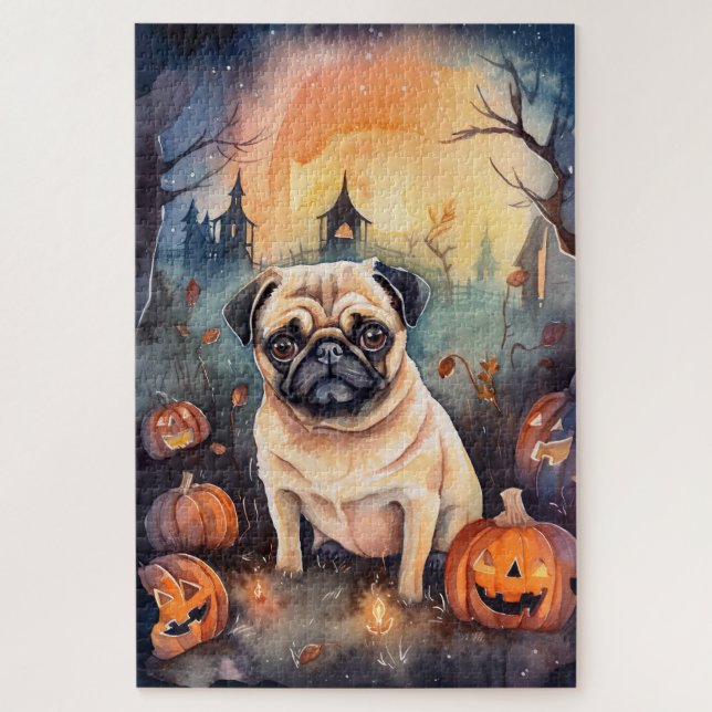 Halloween Pug With Pumpkins Scary Jigsaw Puzzle (Vertical)