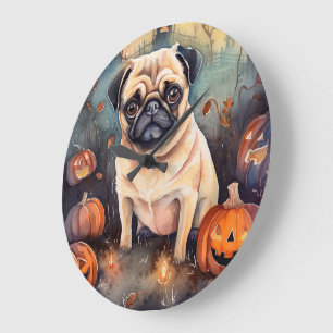 Halloween Pug With Pumpkins Scary Large Clock