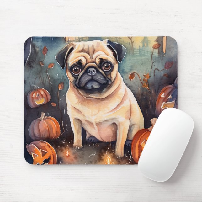 Halloween Pug With Pumpkins Scary Mouse Pad (With Mouse)