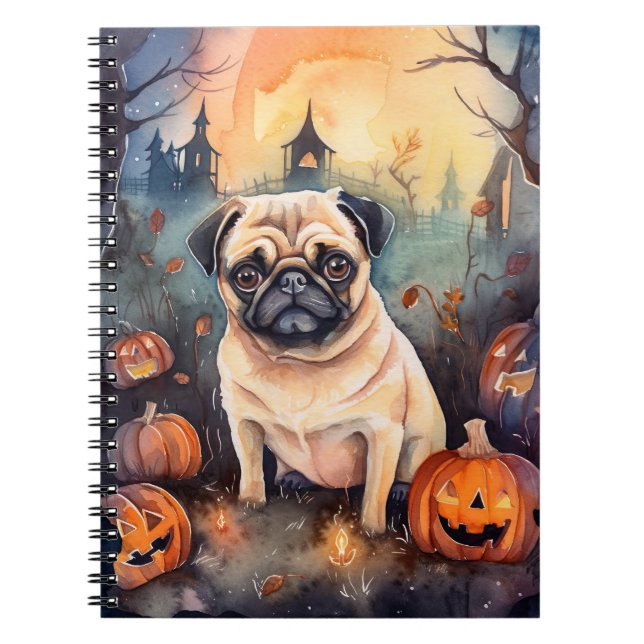 Halloween Pug With Pumpkins Scary Notebook (Front)