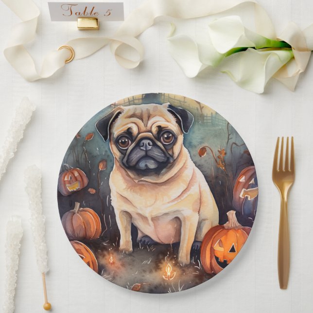 Halloween Pug With Pumpkins Scary Paper Plates (Wedding)