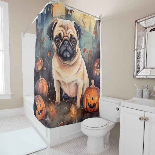 Halloween Pug With Pumpkins Scary Shower Curtain (In Situ)