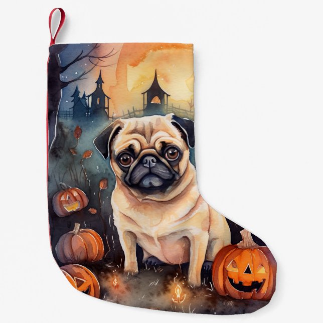 Halloween Pug With Pumpkins Scary Small Christmas Stocking (Front)