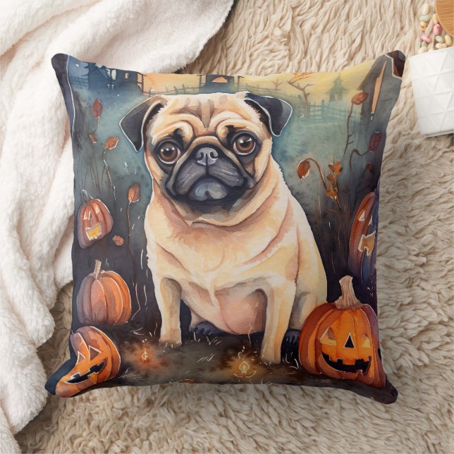 Halloween Pug With Pumpkins Scary Throw Pillow (Blanket)
