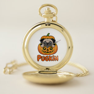 Halloween Pugkin, Pumpkin Pug Dog Pocket Watch