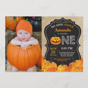 Halloween Pumpkin 1st Birthday Invitation Burlap