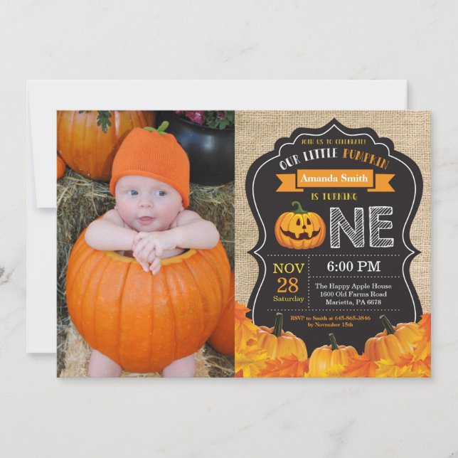 Halloween Pumpkin 1st Birthday Invitation Burlap (Front)