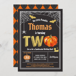 Halloween pumpkin 2nd birthday party Black gold Invitation