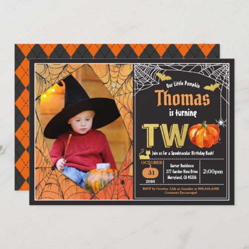 Halloween pumpkin 2nd birthday party photo invitation