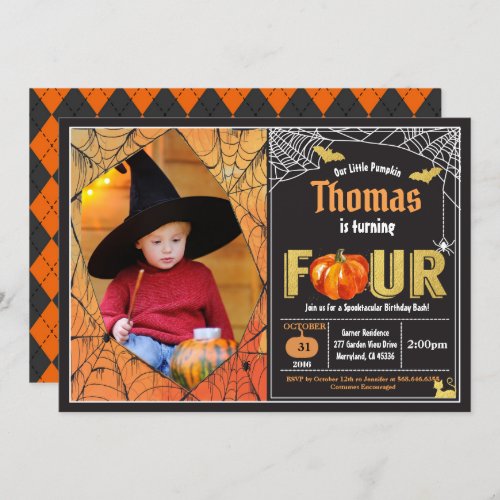 Halloween pumpkin 4th birthday party photo invitation