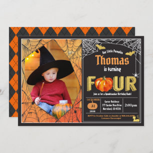 Halloween pumpkin 4th birthday party photo invitation