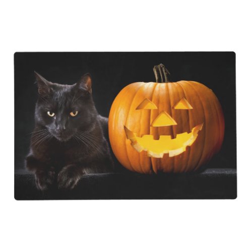 Halloween pumpkin and black cat placemat