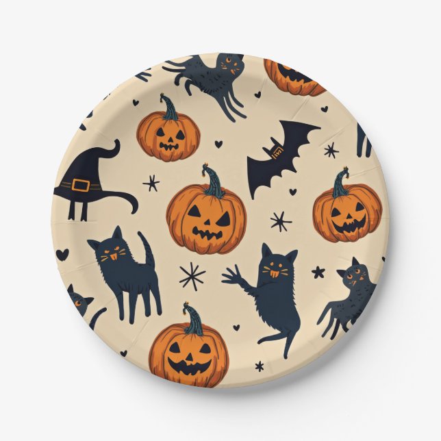 Halloween Pumpkin and Cat Pattern Paper Plate (Front)