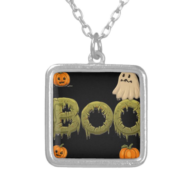 Halloween Pumpkin and Ghost / Abóbora e Fantasma d Silver Plated Necklace (Front)