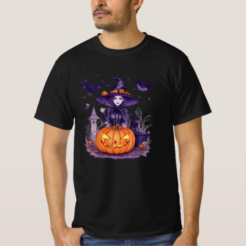 halloween pumpkin and halloween witch bats T_Shirt