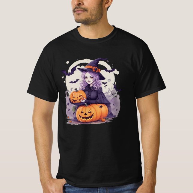 halloween pumpkin and halloween witch bats T-Shirt (Front)