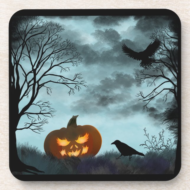 Halloween pumpkin and raven beverage coaster (Front)