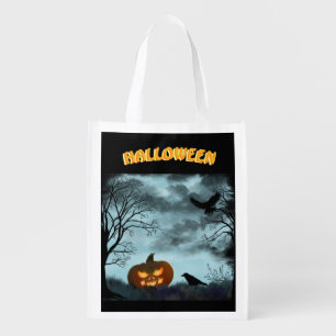 Halloween pumpkin and raven grocery bag