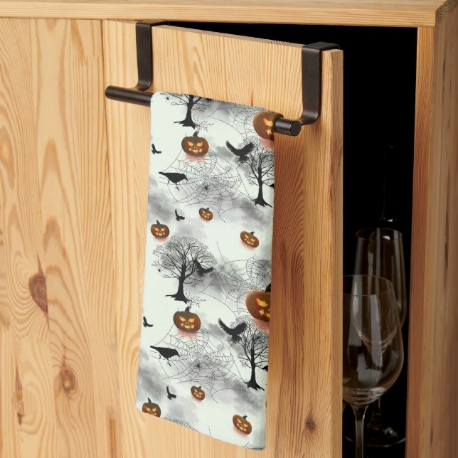 Halloween pumpkin and raven kitchen towel (Thirds Fold)