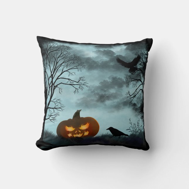 Halloween pumpkin and raven throw pillow (Front)