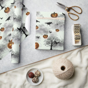 Halloween pumpkin and raven wrapping paper