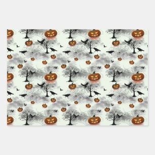 Halloween pumpkin and raven wrapping paper sheets