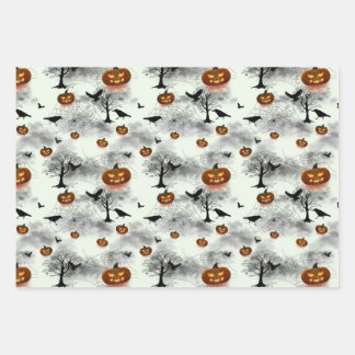 Halloween pumpkin and raven wrapping paper sheets