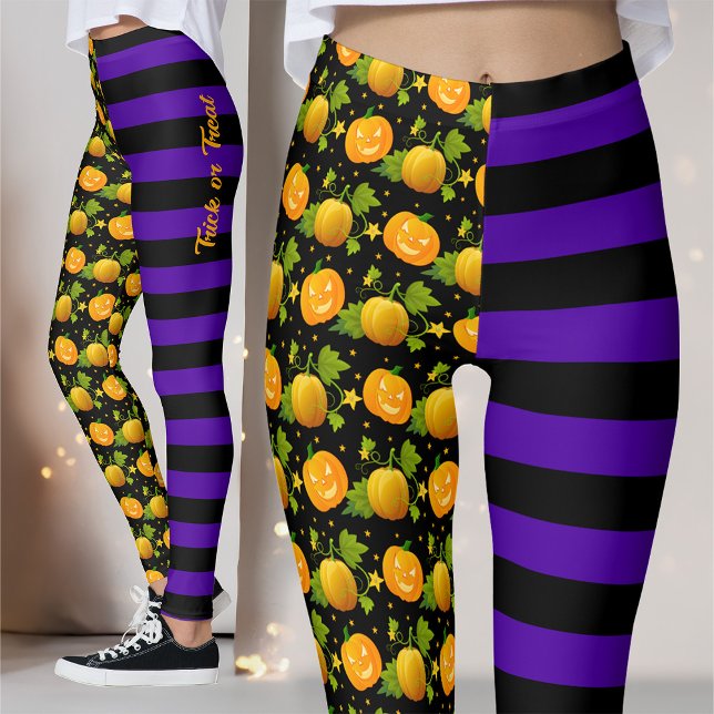 Halloween Pumpkin And Striped Trick Or Treat Witch Leggings (Creator Uploaded)