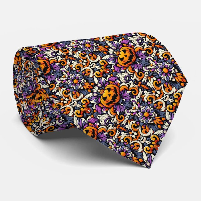 Halloween Pumpkin Art Deco Floral Pattern Neck Tie (Rolled)