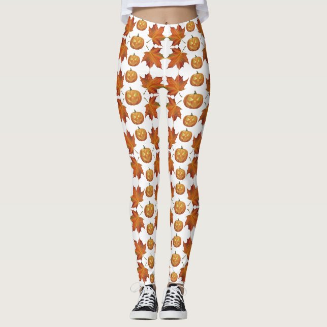 Halloween Pumpkin & Autumn Leaves Pattern Leggings (Front)