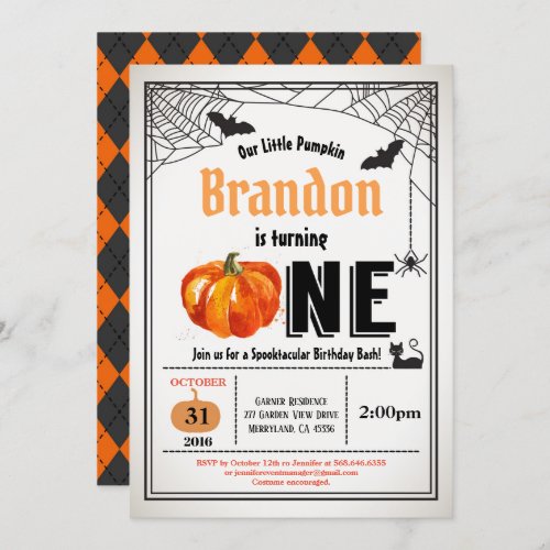 Halloween pumpkin baby 1st first birthday party invitation