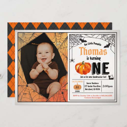 Halloween pumpkin baby 1st first birthday photo invitation