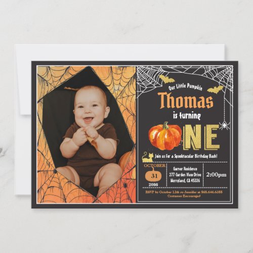 Halloween pumpkin baby boy 1st birthday photo invitation