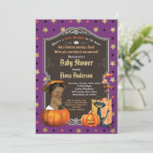 Halloween pumpkin baby boy shower purple gold invitation (Standing Front)