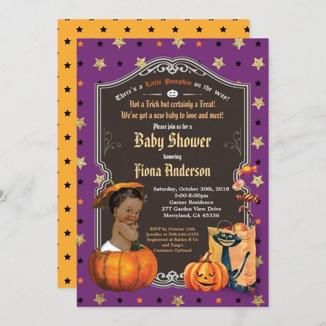 Halloween pumpkin baby boy shower purple gold invitation (Front/Back)
