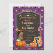 Halloween pumpkin baby boy shower purple gold invitation (Front)