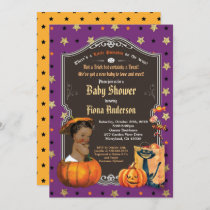 Halloween pumpkin baby boy shower purple gold invitation