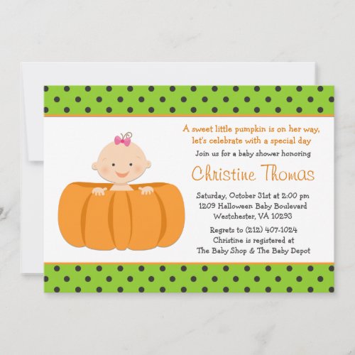 Halloween Pumpkin Baby Girl Shower Invitation