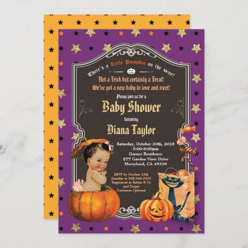Halloween pumpkin baby girl shower purple gold invitation