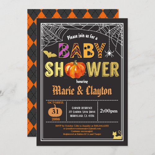 Halloween pumpkin baby shower black  gold invitat invitation