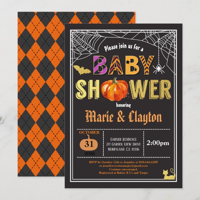 Halloween pumpkin baby shower black & gold invitation (Front/Back)