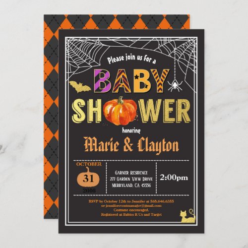 Halloween pumpkin baby shower black  gold invitation